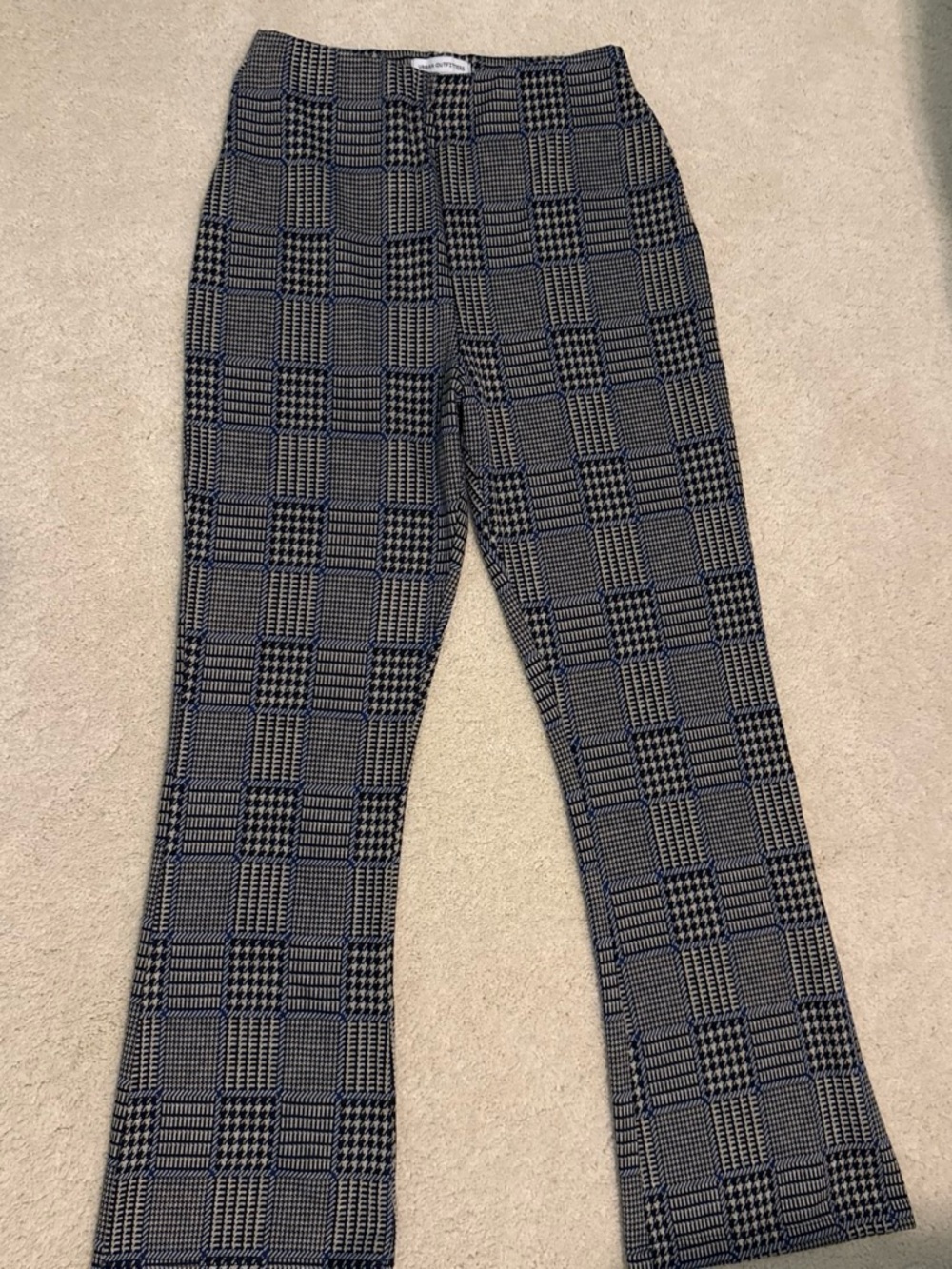 Urban Outfitters Plaid Pattern Stretch Flared Pants in Black & Blue & Cream